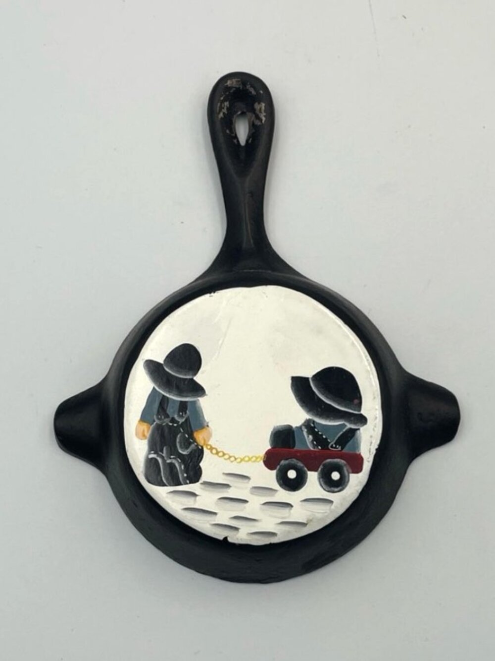 Cast Iron Pan Mini Hand Painted Amish Kids Wagon Folk Art Primitive Farmhouse